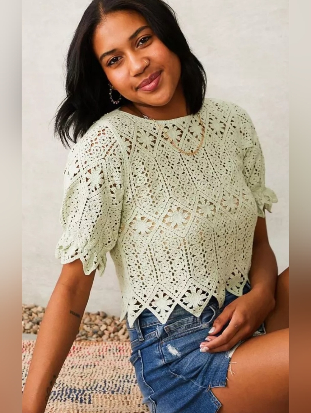 Willow Root Crochet Lace Top Boho Cottagecore Scallop Hem Puff Sleeve Girlhood